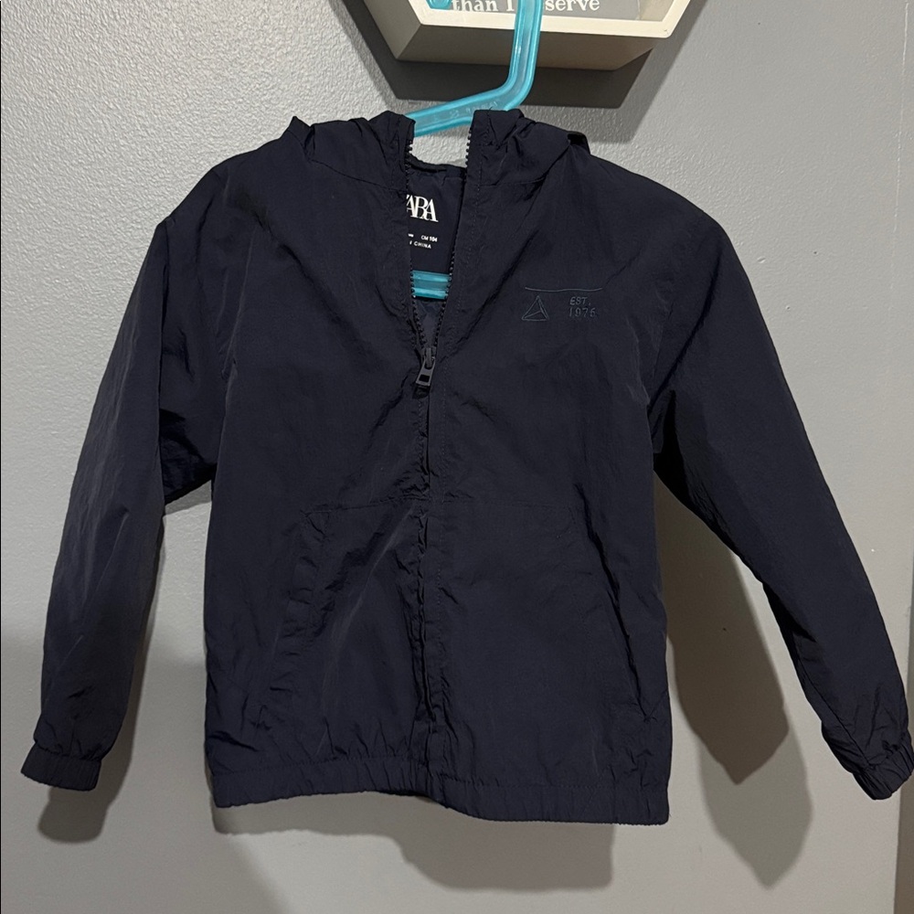 ZARA Blue Hooded Windbreaker Jacket, Nylon, Lightweight Spring Outerwear